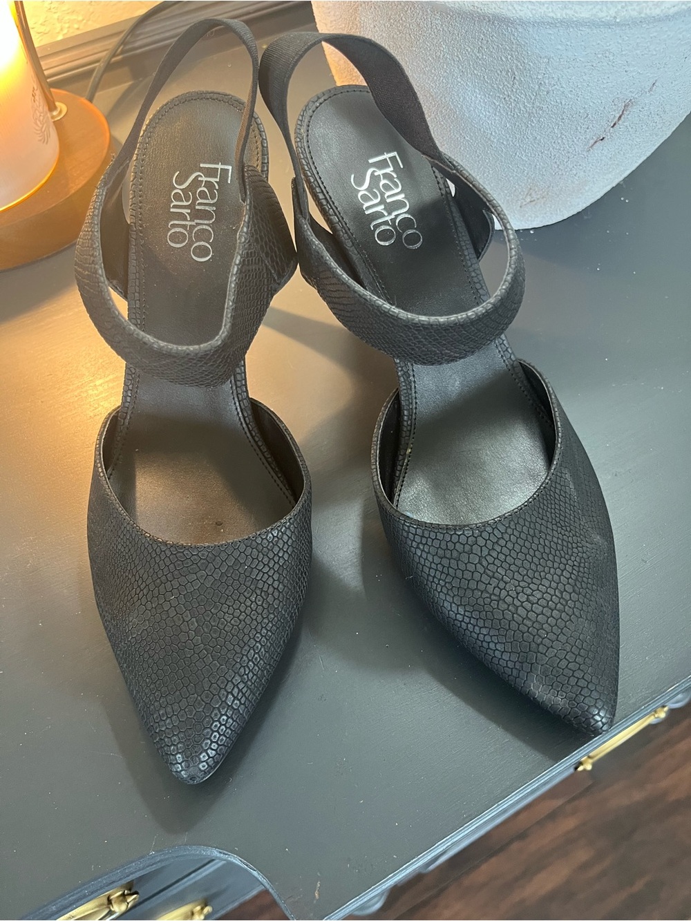 Franco Sarto Black Textured Pointed Slingback Heels